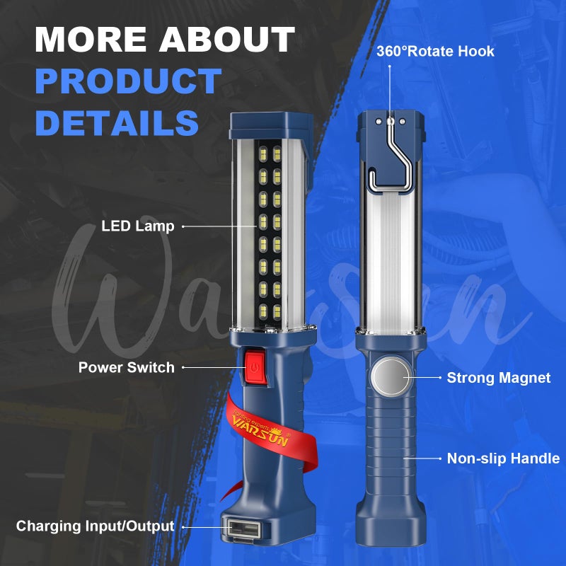 WARSUN LED Work Light Rechargeable, Portable Mechanic Trouble Light with1200 Lumens, COB worklight Magnetic Base, Cordless Floodlight for Car Repair, Camping, Hiking, 30w - Image 5